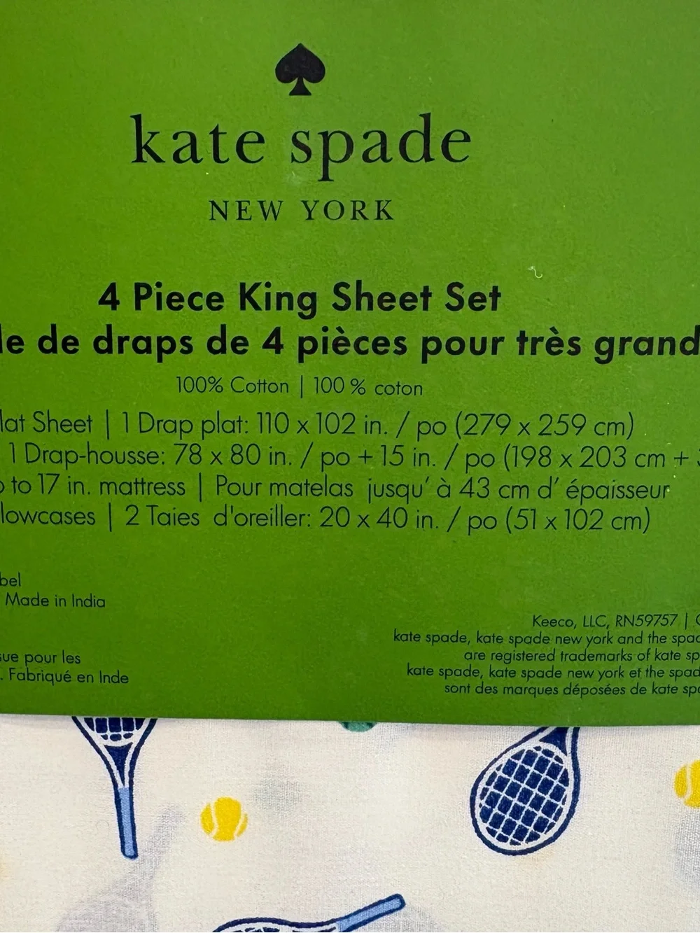 NEW Kate Spade New York Tennis Print Cotton King Sheet Set - White & Navy